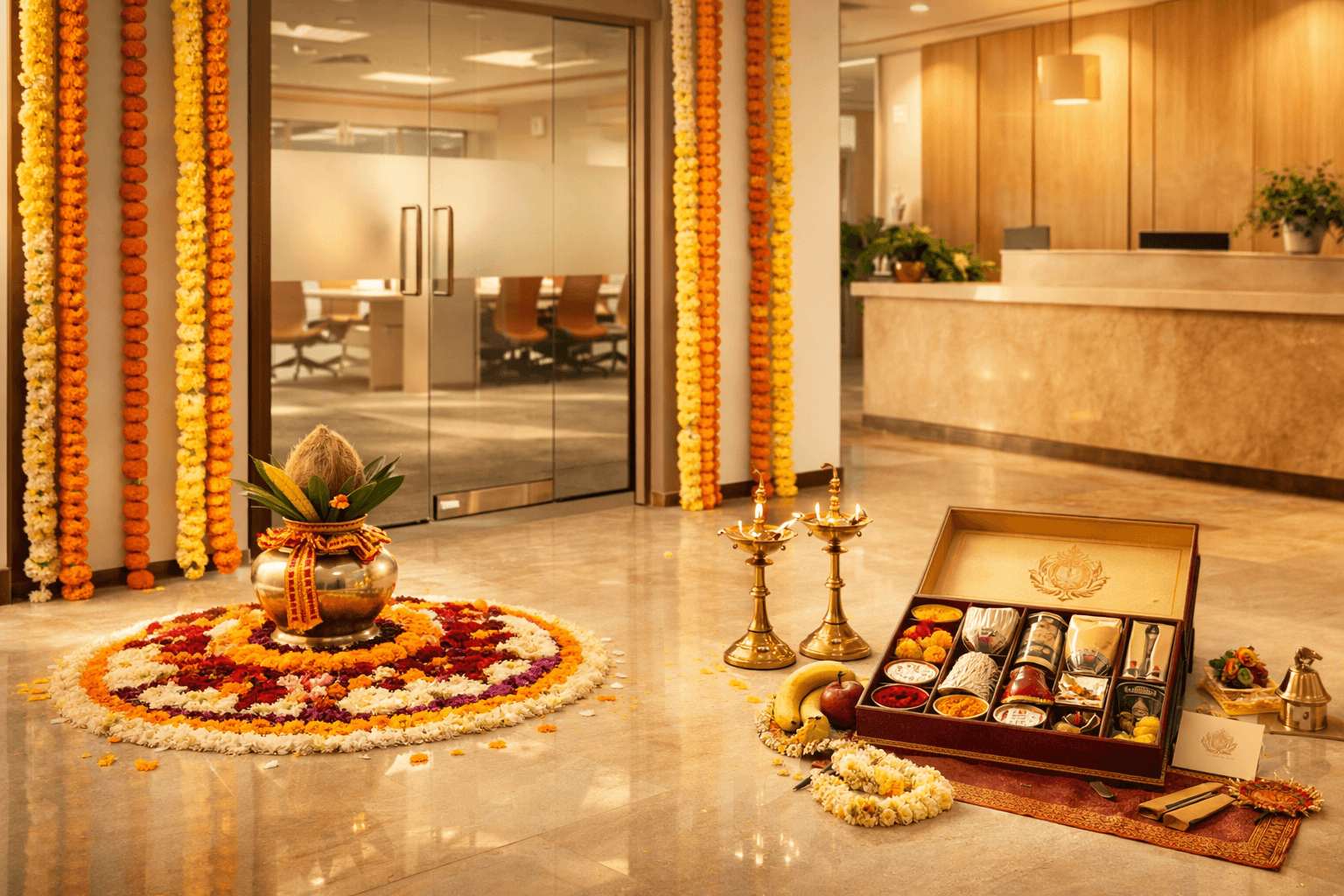 Corporate ritual setup in a modern office with ceremonial decor.