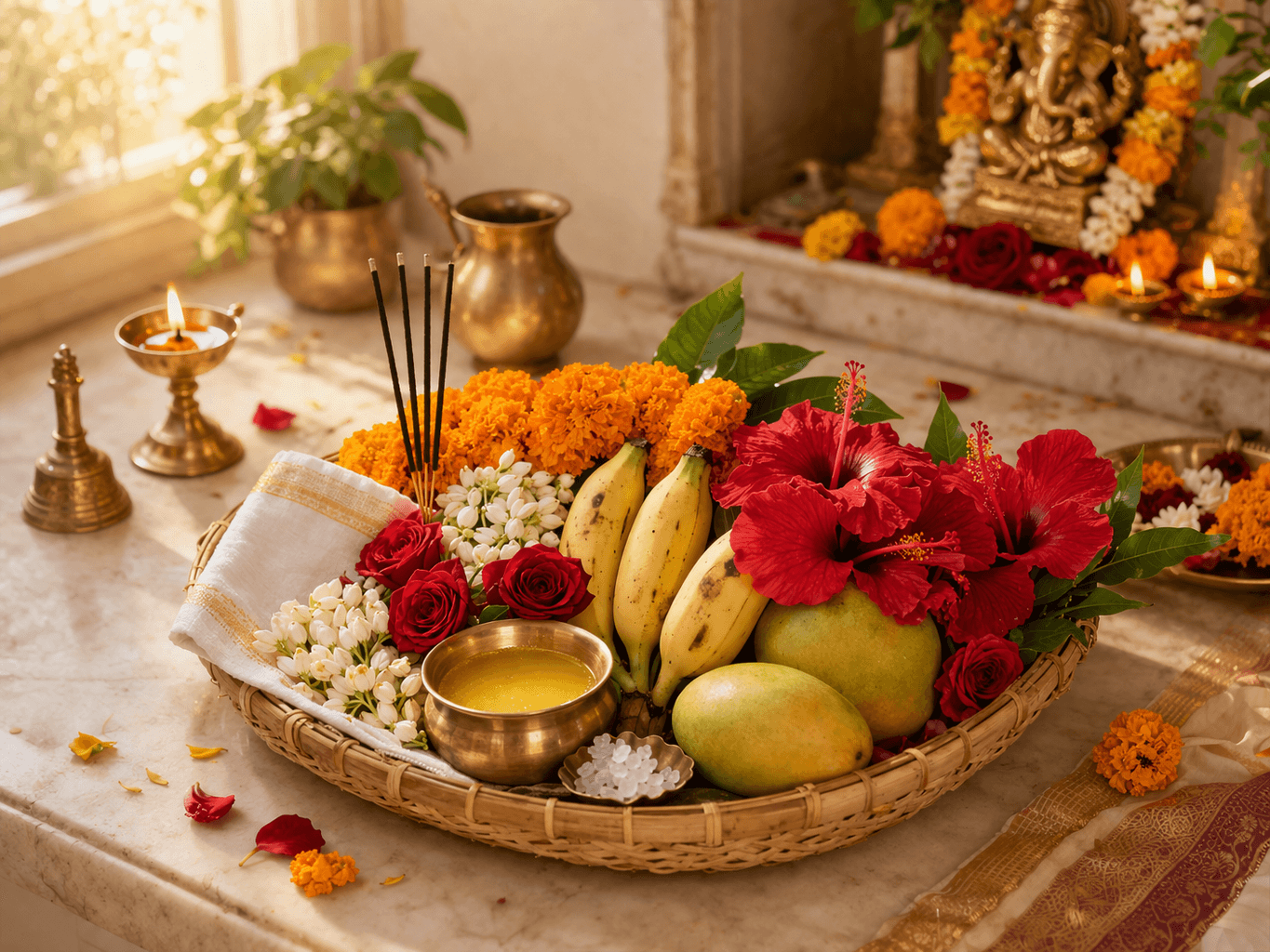 Daily puja basket with flowers, fruits, and devotional essentials.