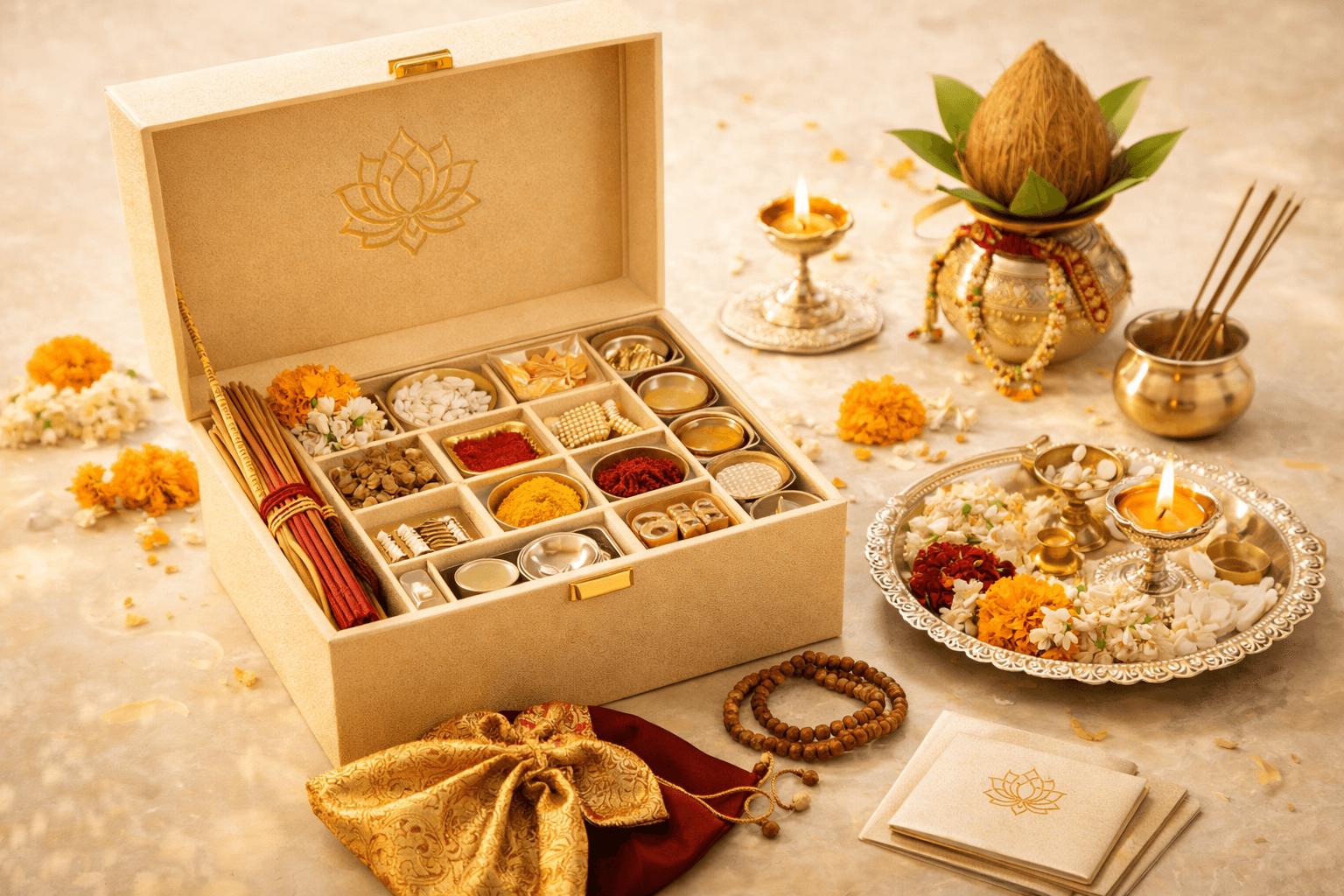 A-Z puja samagri kit arranged in a premium devotional product display.