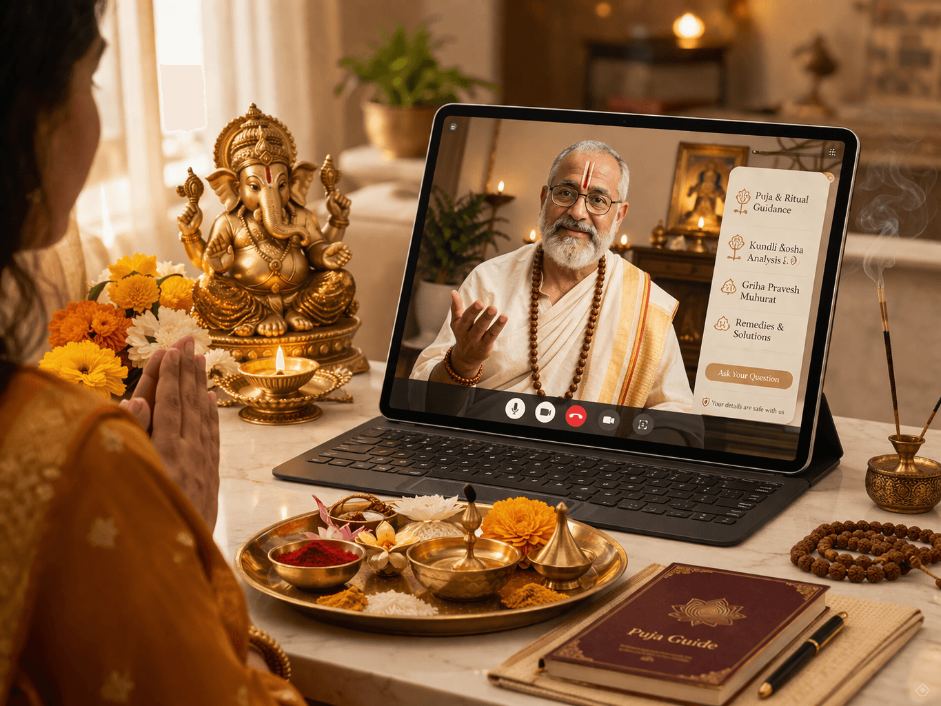 Online purohit consultation scene with priest guidance and devotional setup.